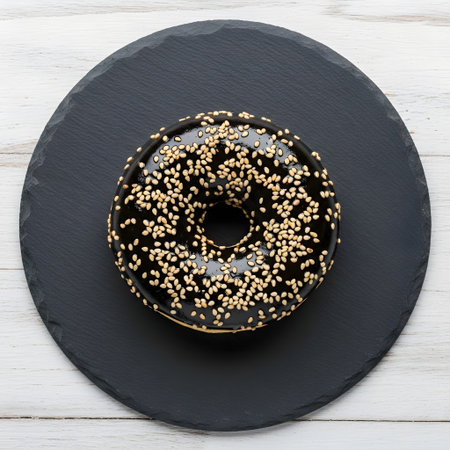 Chocolate donut with sprinkles on black slate plate, top viewの素材