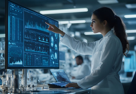 Side view of female scientist working on computer in laboratory. Science and technology conceptの素材