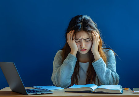 Tired and stressed young woman sitting at her desk with laptop computer and books on blue backgroundの素材
