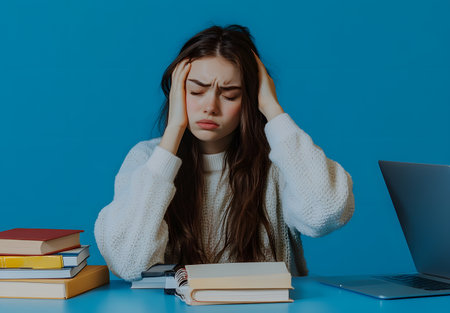 unhappy student girl sitting at the table with books and laptop on blue backgroundの素材