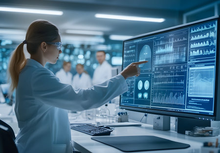 Side view of female scientist using computer in laboratory. She is pointing at screen. Science and technology conceptの素材
