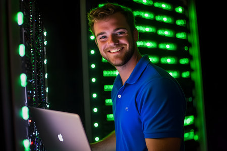 Portrait of young technician working on laptop in server room at nightの素材