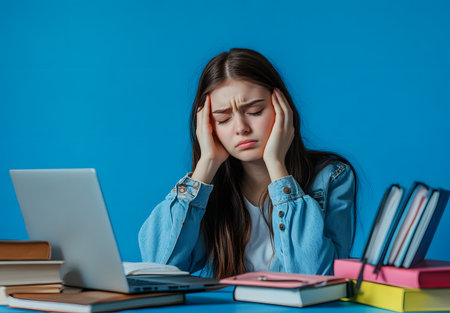 Tired and stressed young woman sitting at the table with laptop and books on blue backgroundの素材