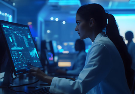 Side view of female programmer working on computer while standing in dark officeの素材