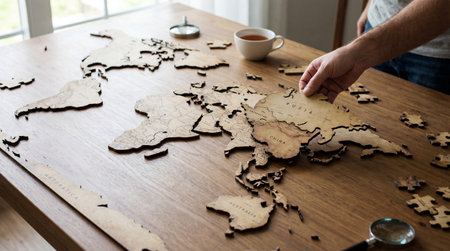 Man playing with a map of the world on a wooden table.の素材