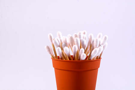Cutton bud or cotton swab shot on a white background.の写真素材