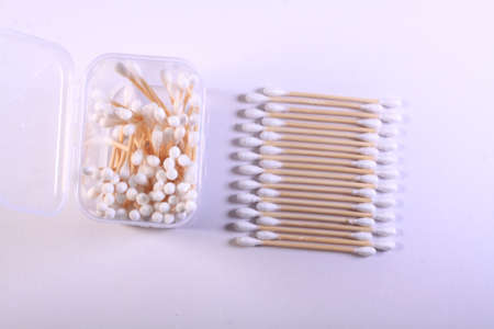 Cutton bud or cotton swab shot on a white background.の写真素材