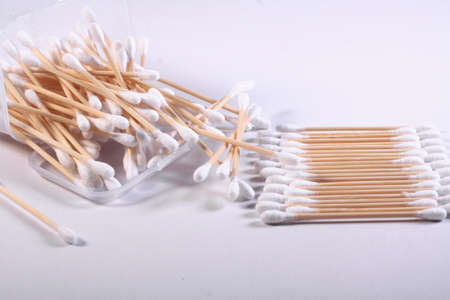 Cutton bud or cotton swab shot on a white background.の写真素材