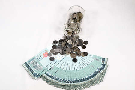 Financial concept, A malaysia ringgit coin in transparent glass bottle isolated white backgroundの写真素材