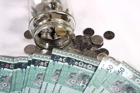 Financial concept, A malaysia ringgit coin in transparent glass bottle isolated white background