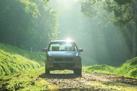 Sintok, Kedah Malaysia - 12 Sept 2020 : Sun ray in forest with car, Ray of light in in green forest with carのeditorial素材