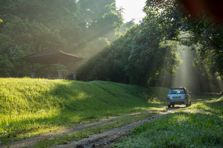 Sintok, Kedah Malaysia - 12 Sept 2020 : Sun ray in forest with car, Ray of light in in green forest with carのeditorial素材