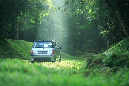 Sintok, Kedah Malaysia - 12 Sept 2020 : Sun ray in forest with car, Ray of light in in green forest...