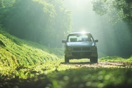 Sintok, Kedah Malaysia - 12 Sept 2020 : Sun ray in forest with car, Ray of light in in green forest with carのeditorial素材
