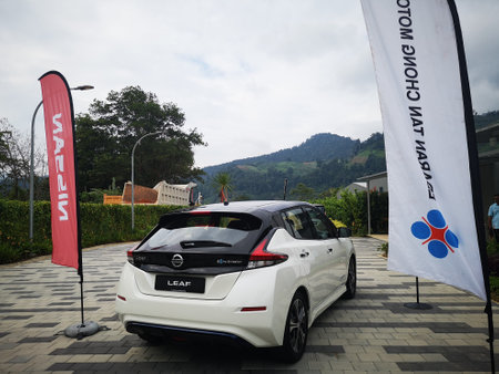 Bukit Tinggi Pahang,Malaysia - 24 Julai, 2019: Nissan Leaf Electric Car at motorshow in Aurel Sanctuary Bentong Pahangのeditorial素材