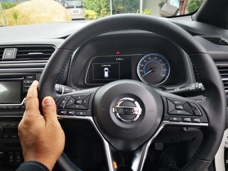 Bukit Tinggi Pahang,Malaysia - 24 Julai, 2019: Nissan Leaf Electric Car at motorshow in Aurel Sanctuary Bentong Pahangのeditorial素材
