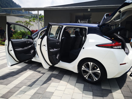Bukit Tinggi Pahang,Malaysia - 24 Julai, 2019: Nissan Leaf Electric Car at motorshow in Aurel Sanctuary Bentong Pahangのeditorial素材