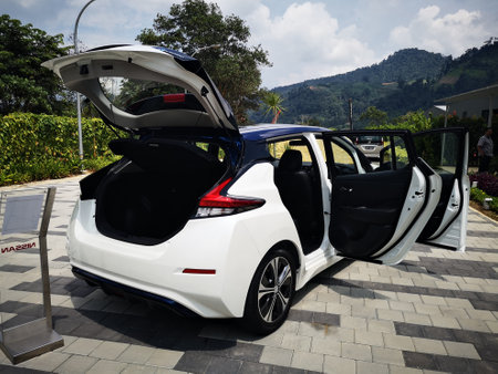 Bukit Tinggi Pahang,Malaysia - 24 Julai, 2019: Nissan Leaf Electric Car at motorshow in Aurel Sanctuary Bentong Pahangのeditorial素材