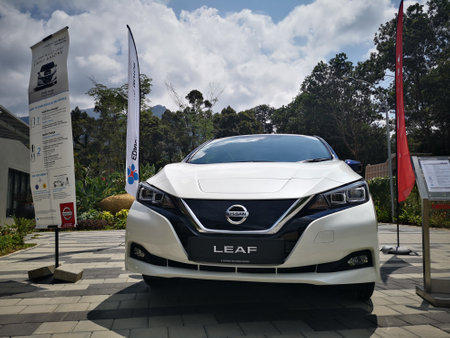 Bukit Tinggi Pahang,Malaysia - 24 Julai, 2019: Nissan Leaf Electric Car at motorshow in Aurel Sanctuary Bentong Pahangのeditorial素材