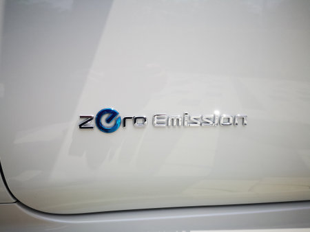 Bukit Tinggi Pahang,Malaysia - 24 Julai, 2019: Metallic White Nissan Leaf at Aurel Sanctuary Galery Bentong Pahang, compact five-door hatchback electric car manufactured by Nissan.のeditorial素材