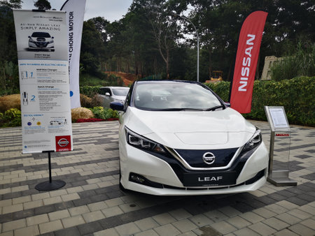 Bukit Tinggi Pahang,Malaysia - 24 Julai, 2019: Nissan Leaf Electric Car at motorshow in Aurel Sanctuary Bentong Pahangのeditorial素材