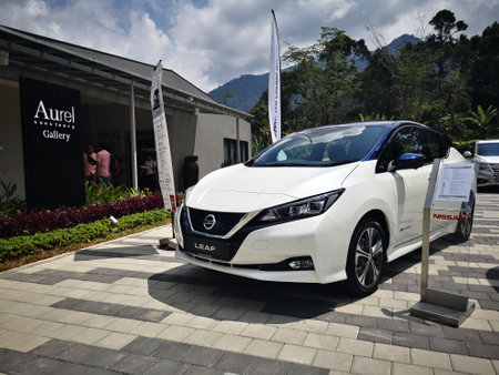 Bukit Tinggi Pahang,Malaysia - 24 Julai, 2019: Metallic White Nissan Leaf at Aurel Sanctuary Galery Bentong Pahang, compact five-door hatchback electric car manufactured by Nissan.のeditorial素材