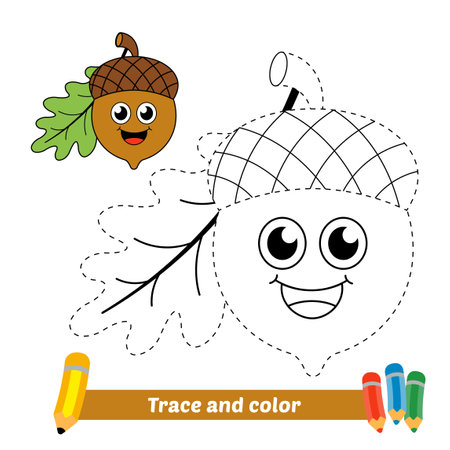 Trace and color for kids, acorn vectorのイラスト素材