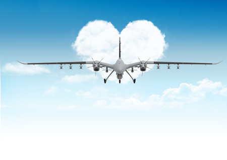 Unmanned aerial vehicle gliding through the clouds. Combat drone in flight over the clouds.