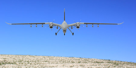 Bayraktar TB2 Unmanned aerial vehicle gliding through the sky. Bayraktar TB2 Combat drone in flight over the skies.の写真素材