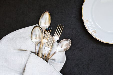 Fork and spoon on the linen tableclothの写真素材