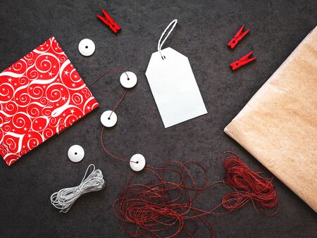 Festive background wiht label and rope, top viewの写真素材