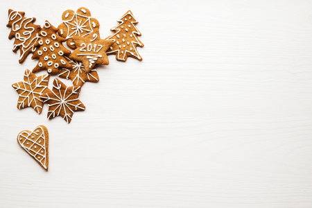 Homemade Christmas gingerbread on white backgroundの写真素材