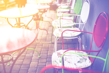 Empty morning tables in a cafe.の写真素材