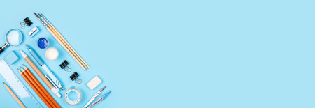 Stationary on blue background.の写真素材