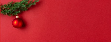 Evergreen branch with red Christmas ball on red background. New Year banner with place for text.の写真素材
