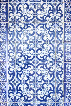 Traditional ornate portuguese decorative tiles azulejos in white and blue colours.の写真素材