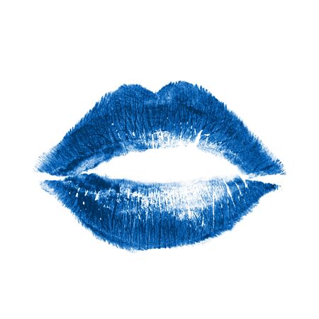 Print of beautiful sexy blue lips isolated on white. Concept of kiss, love and passion.の写真素材