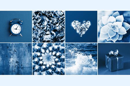 Collage made of eight photos toning in blue color. Backgrounds for design.の写真素材