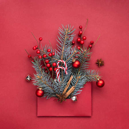 Conceptual Christmas card with spruce branches, berries, candy cane lollipops and cinnamon. Red envelope on red background.の写真素材