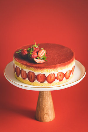 French strawberry cake Fraisier on cake stand on red background.
