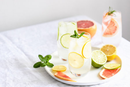 Three glasses with summer cold citrus lemonade .の写真素材