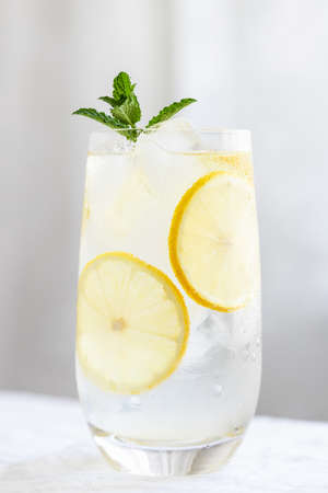 Glass of cold lemon water with mint garnish.の写真素材