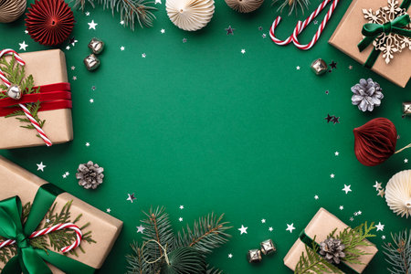 Christmas frame with gift boxes, holaday decorations and confetti on green background.の写真素材
