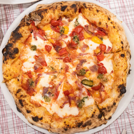 Overhead view on neapolitan pizza.の写真素材