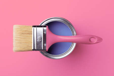 Can of very trendy 2022 color peri with brush on pink background.の写真素材