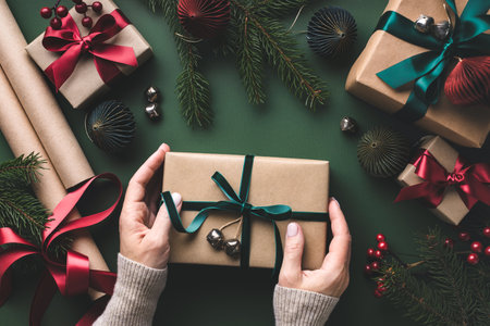 Overhead view on female hands tying velvet ribbon on Christmas gift box on dark green background.の写真素材