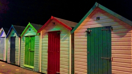 Beech huts in England at nightの写真素材