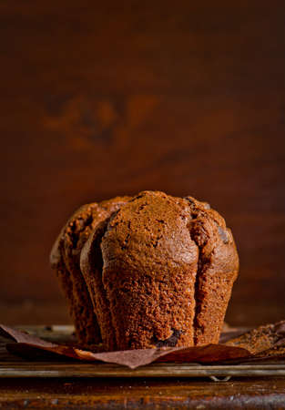 A freshly baked dark chocolate muffin against a dark background.の写真素材