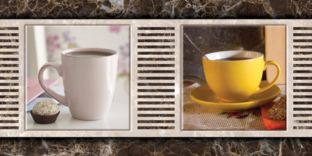 white and yellow cup illustration image for wall tiles and wall paper design useの写真素材
