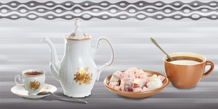 tea cup and pot with dessert illustration image use for ceramic wall tiles and wall paper useの写真素材